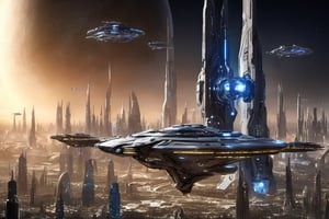  space, high_resolution, high detail , realistic, realism, futuristic, galactic capital city, techno, ancient, mystic, ion_engines, many small space ships