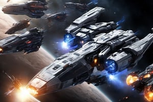  space, high_resolution, high detail , realistic, realism, futuristic, ion_engines, large space ships, battle with lasers, space war