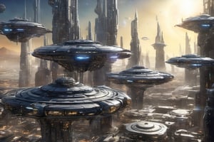  space, high_resolution, high detail , realistic, realism, futuristic, galactic capital city, techno, ancient, mystic, ion_engines, many small space ships in the background