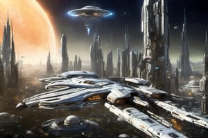  space, high_resolution, high detail , realistic, realism, futuristic, galactic capital city, techno, ancient, mystic, ion_engines, many small space ships in the background