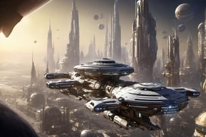  space, high_resolution, high detail , realistic, realism, futuristic, galactic capital city, techno, ancient, mystic, ion_engines, many small space ships