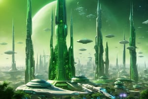  space, high_resolution, high detail , realistic, realism, futuristic, galactic capital city, techno, ancient, mystic, ion_engines, many small space ships in the background, green spires