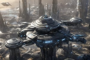  space, high_resolution, high detail , realistic, realism, futuristic, galactic capital city, techno, ancient, mystic, ion_engines, many small space ships