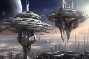  space, high_resolution, high detail , realistic, realism, futuristic, galactic capital city, techno, ancient, mystic, ion_engines, many small space ships