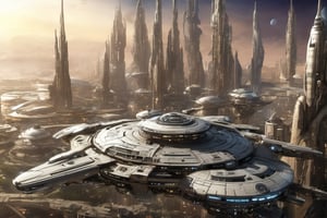  space, high_resolution, high detail , realistic, realism, futuristic, galactic capital city, techno, ancient, mystic, ion_engines, many small space ships