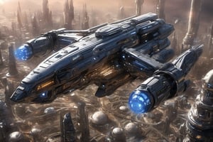  space, high_resolution, high detail , realistic, realism, futuristic, galactic capital city, techno, ancient, mystic, ion_engines, many small space ships