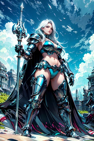 A warrior maiden stands tall on a sun-kissed beach, her long white hair flowing in the gentle breeze. Her piercing blue eyes gaze directly at the viewer, as she holds a gleaming sword aloft with one hand and showcases her impressive cleavage with the other. Her large breasts are barely contained by a bikini top adorned with metal armor pieces, matching her armored boots and gauntlets. A silver choker rests around her neck, complementing her parted lips and a hint of navel peeking out from beneath her midriff-exposing armor. The sky above is a brilliant blue, with only a few clouds drifting lazily across the horizon as she stands victorious amidst lush greenery, her white cape flowing behind her like a beacon of strength.,nodf_lora