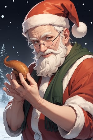 (masterpiece:1.3),One old man,(Santa Claus is holding out a slug on his palm),creepy old man,(Put your hands together),(palm up),(a slug on my palm:1.5),Christmas,Romantic background,snowscape,night