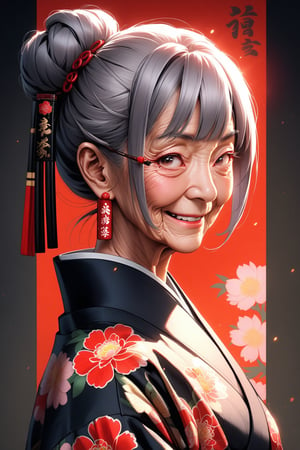 Old woman, wrinkles around the corners of the eyes,nasolabial folds, laugh lines,v-shaped eyes , gray hair, bun hair, Japanese hair,hairpin,hairstick, Japanese clothing, black kimono, scarlet peony, floral kimono, long wakizashi, (glare:1.3), slanted eyes, wrinkles between the eyebrows, from the side, looking_at_camera, viewer, Yakuza, outlaw,,ultra delicate, clearly, super fine illustration, absorbres, pastel art,
BREAK beautiful lighting, beautiful glow,Japanese scene