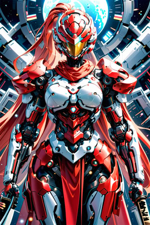 A masterpiece of cawaii artwork presents a captivating kunoichi standing tall in a futuristic sci-fi background. A mecha-inspired powered suit adorns her lithe figure, showcasing intricate lines and delicate drawings. Her long ponytail flows behind her like a crimson river, as her red scarf wraps around her neck like a fiery aura. From below, the camera captures her striking pose, holding a katana with elegance, as BREAK beautiful lighting accentuates every ultra-detailed feature, including her breasts, eyes gleaming like polished chrome.,scifi,chrome,metallic,chrometech 