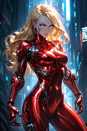 Here is the masterpiece prompt:

A stunning anime woman in a red latex bodysuit and tight shirt stands proudly, her blonde hair flowing long behind her. Her piercing blue eyes gaze directly at the viewer with a fierce determination, her large breasts subtly showcased through the shiny, skin-tight fabric. Intricate details on her face and eyes are rendered with ultra-detailed finesse. In the background, a futuristic cityscape glows softly, blending seamlessly into the sci-fi atmosphere of cyberpunk. The woman's mechanical arms and metallic bodysuit gleam in the light, as if she's ready to pounce into action at any moment. Her fighting stance is poised, knuckles clenched, with her hands resting near her face in a subtle, almost imperceptible gesture. The overall image is a symphony of beautiful, intricate details, crafted with the utmost care and precision.