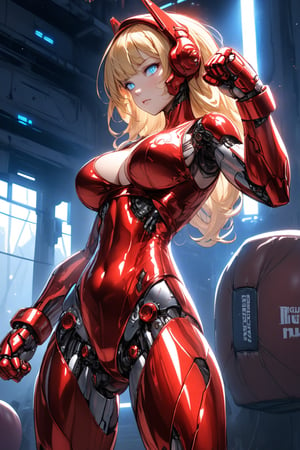 (masterpiece, best quality, ultra-detailed, beautiful, nai3),very aesthetic,intricate,best quality,(amazing quality),extremely hyghres resolution,(ultra-detailed),intricate detailed face and eyes,intricate line,(delicate drawing),(anime woman in red latex outfit and tight shirt), 1girl, breasts, solo, blonde hair, blue eyes, bodysuit, long hair, large breasts, looking at viewer, red bodysuit, cleavage, skin tight,shiny clothes,fighting_stance ,from_below,ultra delicate, clearly, super fine illustration, absorbres, pastel art,
BREAK beautiful lighting, beautiful glow,nodf_lora,midjourney,(mecha_musume:1.5),augmented_body,cybernetic_enhancements,android,(humanoid_robot:1.3),mecha musume, headgear, mechanical arms,mechanical body,metallic bodysuit,knuckles,(boxing_stance:1.8),(metallic_boxing_grove:1.5),(open finger grove),(hands at face side),science_fiction,(sci_fi background:1.5),cyberpunk,(from_behind:1.3)