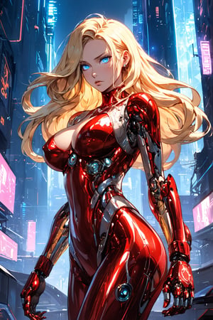 Here is a masterpiece prompt that combines the requested elements:

A breathtakingly beautiful, ultra-detailed anime woman stands confidently in a fighting stance, her long blonde hair flowing behind her like a golden aura. Her piercing blue eyes gleam with intensity as she gazes directly at the viewer, her delicate features illuminated by a soft, ethereal glow. She wears a stunning red bodysuit that hugs her curves tightly, its shiny surface reflecting the light like polished metal. Her large breasts are accentuated by the tight fabric, creating a tantalizing cleavage that draws the eye.

In the background, a futuristic cyberpunk cityscape stretches out in mid-journey, with towering skyscrapers and neon lights casting a mesmerizing glow. The woman's mechanical arms and metallic bodysuit glisten like polished steel, complete with knuckles that seem to flex with anticipation.

From behind her, a science fiction-inspired landscape unfolds, replete with swirling clouds of digital code and hovering drones. Her gaze remains fixed on the viewer, a challenge and an invitation to step into this world of high-tech wonder.