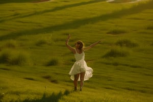 beautiful girl dressed in long white dress,  dancing on a grassy field. golden hour