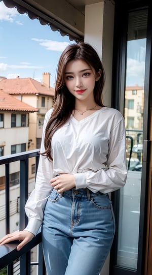 beautiful girl in long shirt standing at balcony smile, body shot