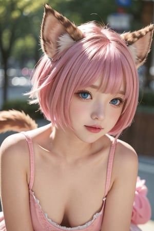 9yr cute little girl, short pink hair, leonin ear, puffy tail, cute face, bodyshot