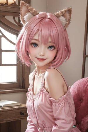 9yr cute little girl, smile, short pink hair, leonin ear, puffy tail, cute face