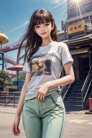 masterpiece, beautiful girl, beautiful eyes, light closed smile, look at viewer, t-shirt, pant, fun park, sunlight