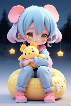 A cute 3d anime-style girl wearing a blue elephant onesie, hugging a smiling yellow star plush, sits on a large pink inflatable beanbag in a serene nighttime landscape.  The scene is rendered in a vibrant, slightly stylized manner, reminiscent of a mobile game graphic, with soft lighting and a slightly blurred background showing distant mountains and a forest under a dark blue sky. The overall mood is peaceful and whimsical.