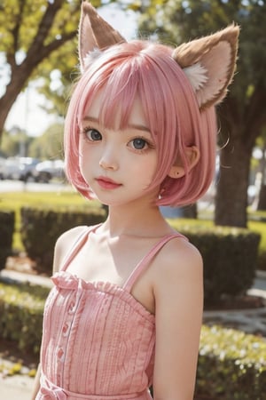 9yr cute little girl, short pink hair, leonin ear, puffy tail, cute face