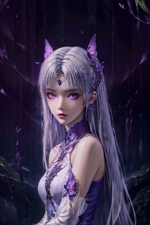 masterpiece,best quality,official art,extremely detailed CG unity 8k wallpaper,1girl, upper body, white hair, purple eyes, waterfall, butterfly, reflection, tree, light rays, caustics, light particles