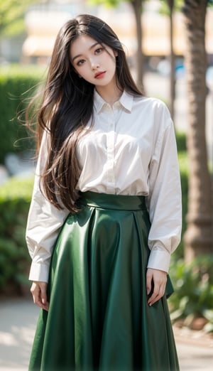 1girl, solo, long hair, looking at viewer, skirt, shirt, long sleeves, black hair, head tilt, plant, long skirt, photo background, photo inset