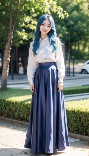 1girl, solo, long hair, looking at viewer, smile, skirt, shirt, long sleeves, blue hair, standing, head tilt, plant, long skirt, photo background, photo inset