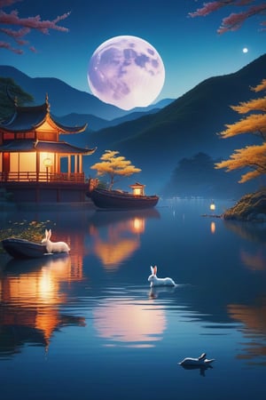 (Best Quality, 8k, 32k, Masterpiece, UHD:1.3), the night, Two rabbits boating on the lake, The background is a bright and bright moon, Blind box, wind, Beautiful, high qulity, cinematic colorgrade, Traditional Chinese elements, National Day Mid-Autumn Festival poster, Blue lake, The breeze ruffled the lake, Ripples spread out