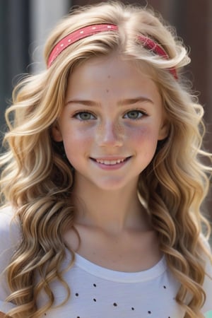 Professional studio, Masterpiece, (half_body:1.4), (8 year old female:1.4), tiny_girl, outside, leaning against building, windy, long curly dirty blonde hair, (freckles:1.4), hair band, makeup, smirk, fun, happy, sweet, detailed hair, realistic skin texture, skin blemishes, beautiful, photo r3al,Extremely Realistic,Photorealism,Photoshoot