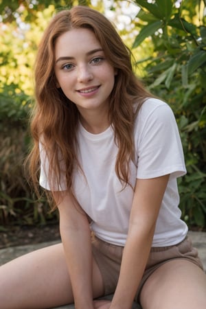 A whimsical snapshot: A provocative 25-year-old girl with ravishing auburn locks and freckles sits serenely, beaming at the camera with an irresistible grin. Her eyes shine like gemstones, casting a gentle glow on her porcelain skin. She wears an oversized t-shirt and baggy sweat pants, her delicate features framed by a halo of luscious hair, suspended in time.