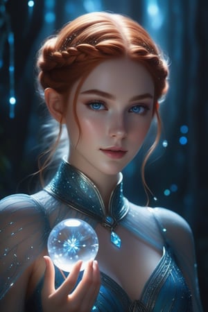 A translucent glass girl with auburn braids and elven ears stands vertically in front of a subtle, dimly lit background, her body crafted from intricate crystal glasswork. Neon light infuses the scene, casting an ethereal glow on her smooth, transparent skin. Freckles scatter across her cheeks like tiny constellations (1.4). A smirk plays on her lips, conveying sly sophistication (1.4). Her blue-veined arms are raised, cradling a delicate, sparkling crystal orb that seems to pulse with bioluminescent energy. Grey eyes gleam with an otherworldly intensity, reflected in the surrounding glassy sheen. The camera captures her leaning forward, as if sharing a secret, with a blurry foreground and background, allowing the viewer's focus to remain solely on her captivating beauty. Fill flash illuminates the scene, adding depth and dimensionality to this hyper-realistic portrait.