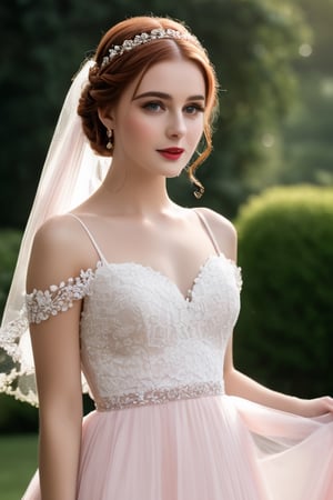 Professional studio, Masterpiece, portrait, (30 year old american girl:1.4), (flat_chested:1.4), pink wedding dress, veil, (auburn braided hair:1.4), red lipstick, freckles, diamond choker, tiara, beautiful eyes, garden background, comfortable, Detailedface, Detailedeyes, expressive eyes,xxmix_girl,photo r3al,detailmaster2,Movie Still