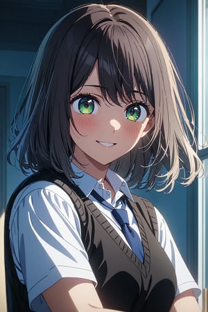 (masterpiece:1.2), ((best quality)), (ultra-detailed), ((extremely detailed cg)), ((an extremely delicate)), (perfect lighting), ((8k)), (absurdres absolutely resolution), (detailed beautiful face and eyes),highly detailed, newest, late, anime coloring,very aesthetic,1girl,akane kurokawa,school uniform,green eyes, medium_hair,straight_hair, white shirt, sweater vest, black vest, blue necktie, grey skirt,smile,school,looking_at_viewer