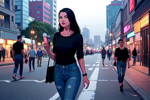 A beautiful long black-haired and black-eyed working girl with a handbag wearing a black shirt and denim jeans walking along the busy street in the evening at Esplanade in Kolkata