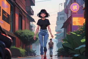 A beautiful long black-haired and black-eyed working girl wearing a black shirt and denim jeans walking along the busy street in the evening at Esplaned in kolkata
