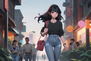 A beautiful long black-haired and black-eyed working girl with a handbag wearing a black shirt and denim jeans walking along the busy street in the evening at Esplaned in kolkata