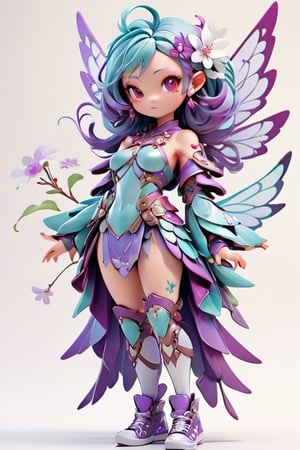 3d style, photo realistic, full body, charming adult woman fairy, look of longing, cyan armor and clothers, purple wings, purple flowing hair, Japanese  num chucks white background,3d style, red and white flowers in the background, vibrant Colors, sharp image, Crisp edges