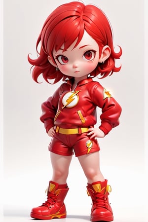 3d style, photo realistic,full body, charming child female as the flash,  standing red hair red, clothes red ,  red shorts, red  boots, Japanese  num chucks white background, vibrant Colors, sharp image, Crisp edges

