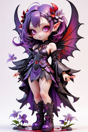 3d style,  photo realistic,  full body,  charming young female vampire fairy,  look of longing,, purple hair,  armor and clothers,  purple flowing hair,  purple wings, Japanese  num chucks white background, red and white flowers in the background,  vibrant Colors,  sharp image,  Crisp edges