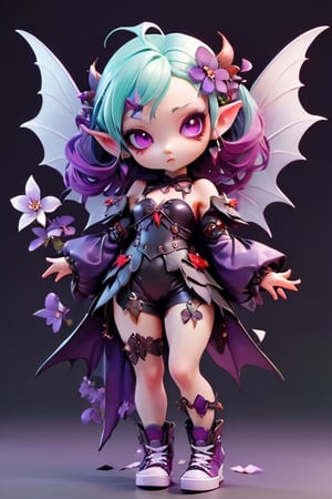 3d style,  photo realistic,  full body,  charming young female vampire fairy,  look of longing,, purple hair,  armor cyan and clothers,  purple flowing hair,  purple wings, Japanese  num chucks white background, red and white flowers in the background,  vibrant Colors,  sharp image,  Crisp edges