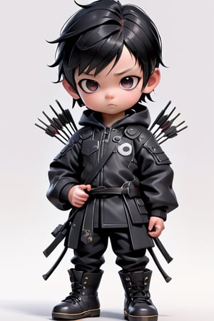 3d style, photo realistic,full body, charming child male as hawkeye   standing black hair black, black clothes black  black boots, holding Bow Japanese   num chucks white background, vibrant Colors, sharp image, Crisp edges

