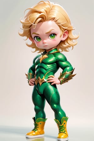 3d style, photo realistic,full body, charming child male as aquaman,  standing  blonde hair blonde, green clothes yellow,  yellow pants yellow, green  boots, Japanese  num chucks white background, vibrant Colors, sharp image, Crisp edges

