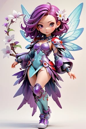 3d style, photo realistic, full body, charming adult woman fairy, look of longing, cyan armor and clothers, purple wings, purple flowing hair, Japanese  num chucks white background,3d style, red and white flowers in the background, vibrant Colors, sharp image, Crisp edges,scarlett johansson