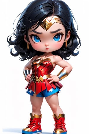 3d style, photo realistic,full body, charming child femals as the wonder woman,  standing black hair blakc, blue clothes gold,  red shorts, blue  boots, Japanese  num chucks white background, vibrant Colors, sharp image, Crisp edges

