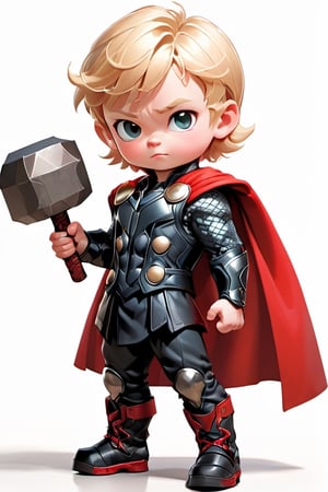 3d style, photo realistic,full body, charming child male as Thor  standing short blonde hair blonde, black clothes red   black boots, holding Mjolnir Japanese   num chucks white background, vibrant Colors, sharp image, Crisp edges

