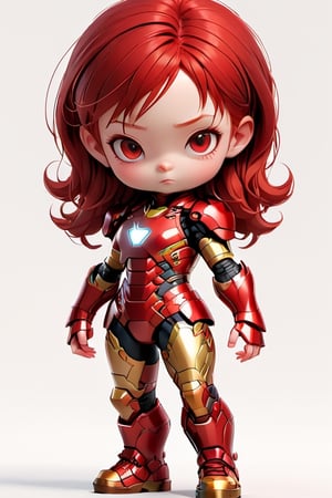 3d style, photo realistic,full body, charming child female as ironman  standing red hair red, red clothes gold   black boots, Japanese katana,  num chucks white background, vibrant Colors, sharp image, Crisp edges

