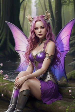 in front of a waterfall, green forSpring photo realistic, 3D Art, of a charming adult woman dressed as a fairy with purple armor holding a bow, mischievous face expression, pink hair, planar vector, character design, colorful splashes, fantasy art, oils, acrylic effect, digital painting, full body, in an enchanted forest with river, waterfall, photo realism, full body image. Sitting on a log, in armor, with mystical dragon, surrounded by red and white flowers , in boots