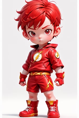 3d style, photo realistic,full body, charming child male as the flash,  standing red hair red, clothes red ,  red shorts, red  boots, Japanese  num chucks white background, vibrant Colors, sharp image, Crisp edges

