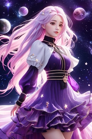 xxmixgirl,masterpiece, best quality,highres, 1girl, (long_white_hair:1.2), stars in the eyes, messy floating hair, colored inner hair, Starry sky adorns hair, tullece, see_through, (((glistening light))), (Luminous), detailed shadow, meteor,fanxing, , , stars in white dress, tuxedo,,FilmGirl,3d style,3d,3d render, purple clothes, pink hair