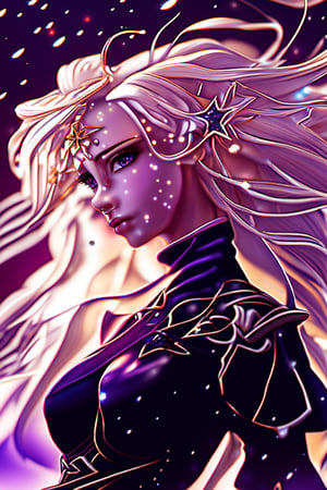 xxmixgirl,masterpiece, best quality,highres, 1girl, (long_white_hair:1.2), stars in the eyes, messy floating hair, colored inner hair, Starry sky adorns hair, tullece, see_through, (((glistening light))), (Luminous), detailed shadow, meteor,fanxing, , , stars in white dress, tuxedo,,FilmGirl,3d style,3d,3d render, purple clothes, pink hair